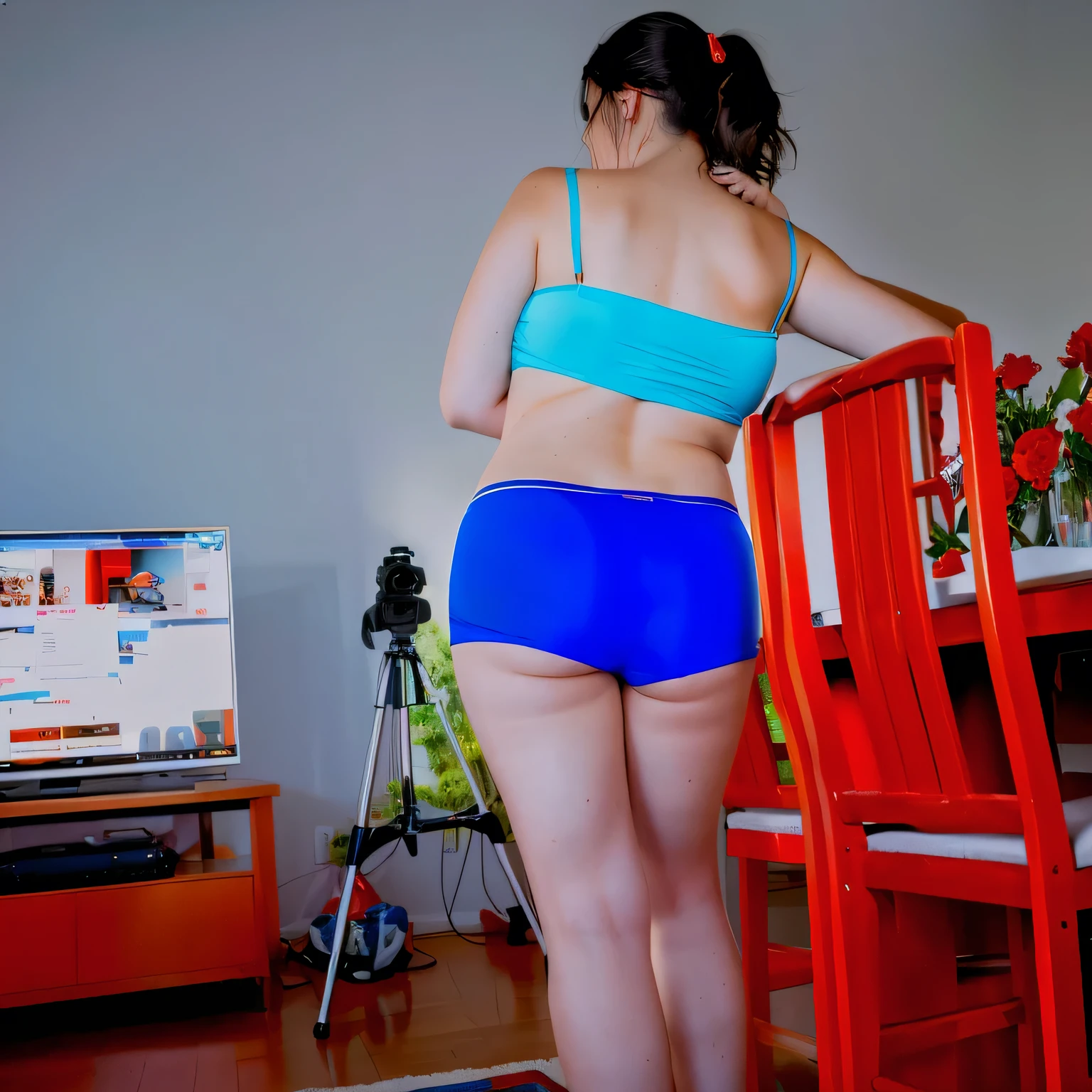 there is a woman in a blue bikini and blue panties standing in front of a red chair, backview, rear-shot, long shot from the back, facing away from the camera, facing away from camera, back facing the camera, back - shot, side shot, long shot from back, back shot, backshot, shot from behind, in shorts