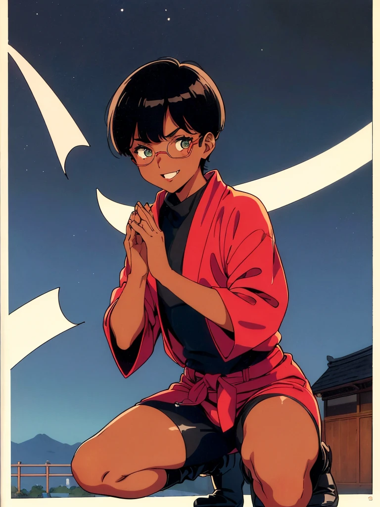 (flat chest:), (masterpiece:1.2), highest quality, High resolution, unity 8k wallpaper, (fine and beautiful eyes:1.6), highly detailed face, perfect lighting, Detailed CG, (perfect hands, perfect anatomy), (1 boy solo:1.4), 20 years old, black hair, extremely beautiful detailfeminine face and eyes, (evil smile:1.4), detailed eyes, best quality,( dark skin:1.8), (turtleneck shirt under yukata:1.2), (bike shorts:1.2), extremely detailed, very precise detailed, (glasses:1.3), blunt bangs, open mouth, (very short pixie cut:1.2), boots,fingerless gloves, smile, half closed eyes, ,(on kawara roof),night sky, ,long sidelocks,(long red Scarf),(yukata),(squatting), ears,(acrobat pose:1.3),(squat:1.3),leaning forward,(one knee dwon:1.5),(Put one foot in front:1.3),(stylish pose:1.4),(Raise only index finger:1.1),(Joining hands:1.5),(retro artstyle:1.5), (1990s \(style\):1.2),