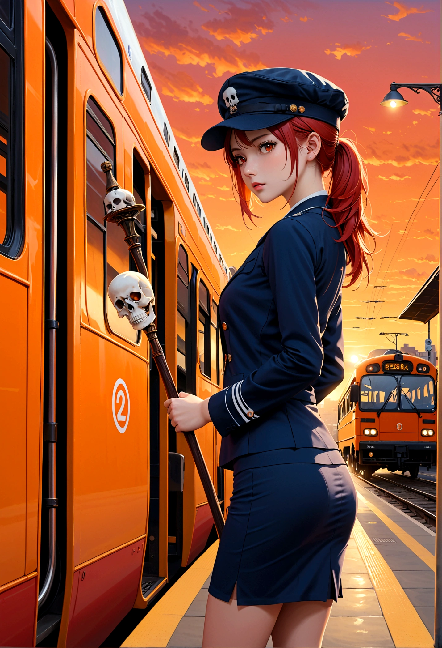 1 Girl, Solitary, Red hair, Red Eyes, Double tail, staff, Pencil Skirt, Skull Print, Navy cap, Orange sky,, outdoor, TRAIN STATION, Standing in front of the bus,, 
