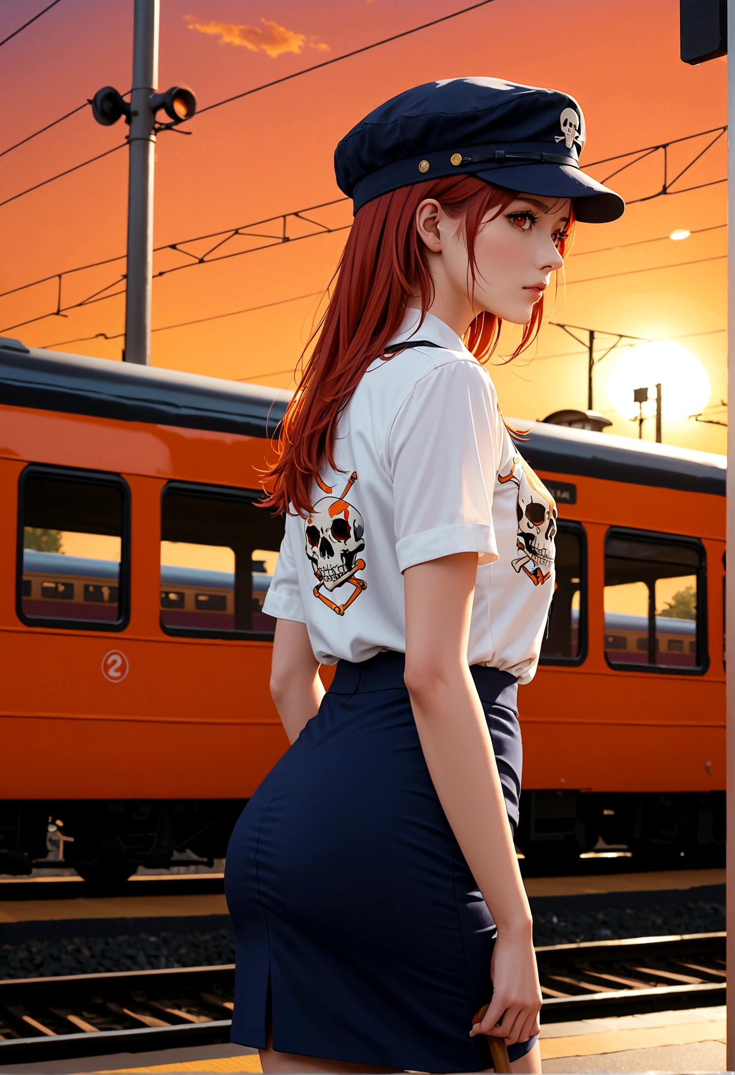 1 Girl, Solitary, Red hair, Red Eyes, Double tail, staff, Pencil Skirt, Skull Print, Navy cap, Orange sky,, outdoor, TRAIN STATION, Standing in front of the bus,,