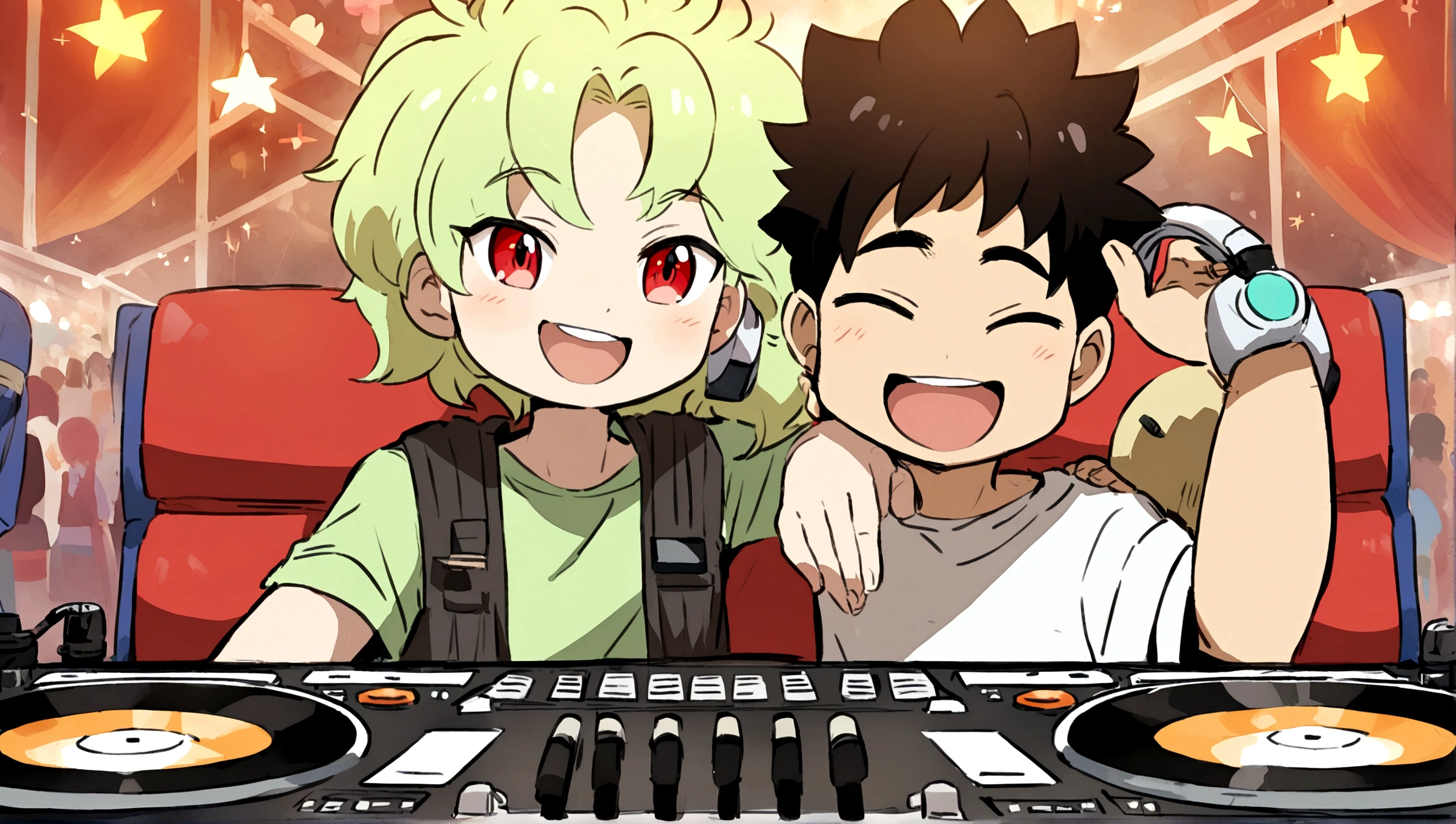 anime style, Furro, red eyed boy, dj, relaxed, happy, accompanied