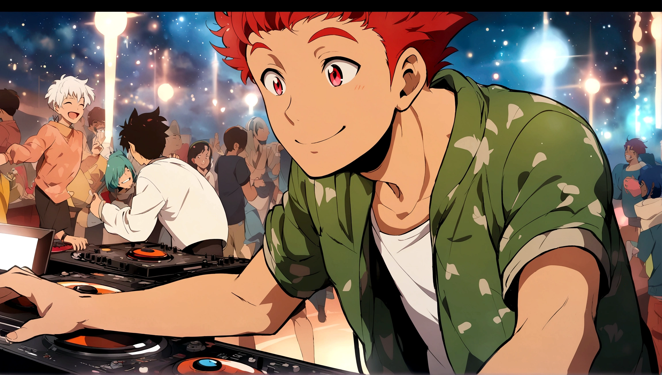 anime style, Furro, red eyed boy, dj, relaxed, happy, accompanied