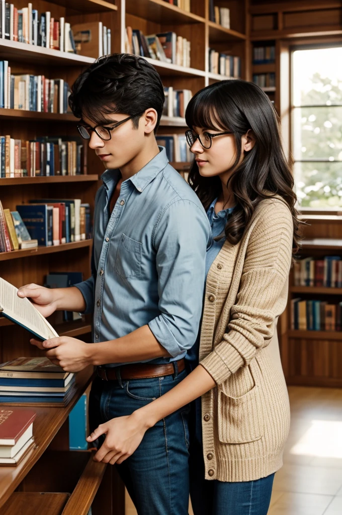 An anime-style scene in a cozy library. Two young lovers, a boy and a girl, are reaching for the same book on a high shelf. The boy has short, dark hair, glasses, and is wearing a button-up shirt with rolled-up sleeves and jeans. The girl has long, wavy hair and is wearing a simple dress with a cardigan. They are looking at each other with surprise and curiosity, their hands almost touching. The library is warmly lit, with sunlight streaming through large windows and casting a gentle glow on the wooden bookshelves filled with colorful books.

