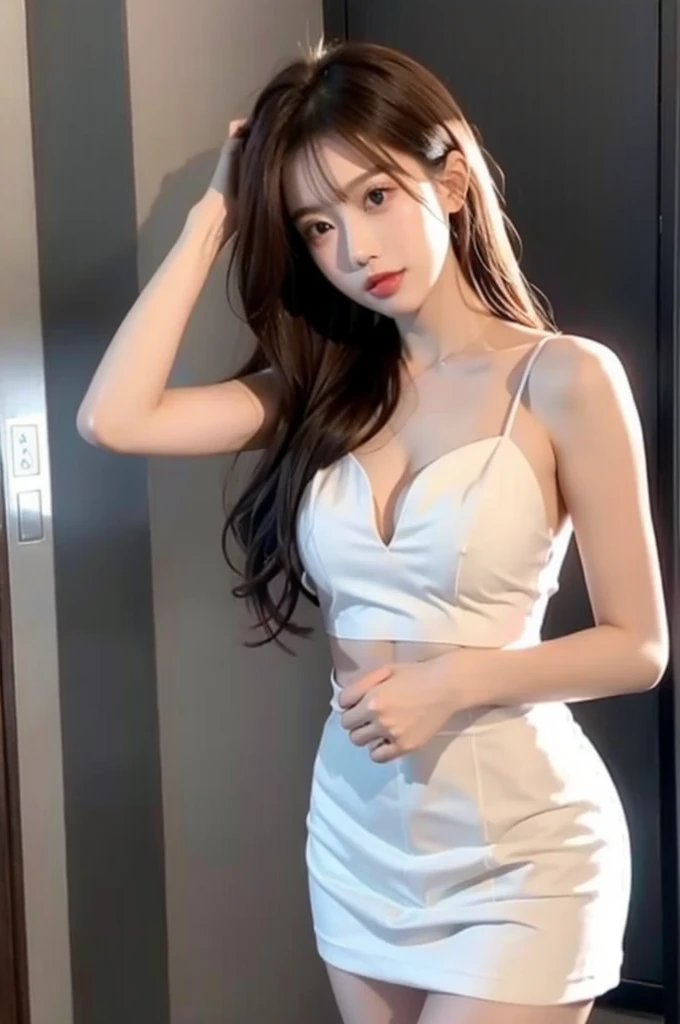  Korean with long red hair, white gown, neckleace, sexy selfie and hair up