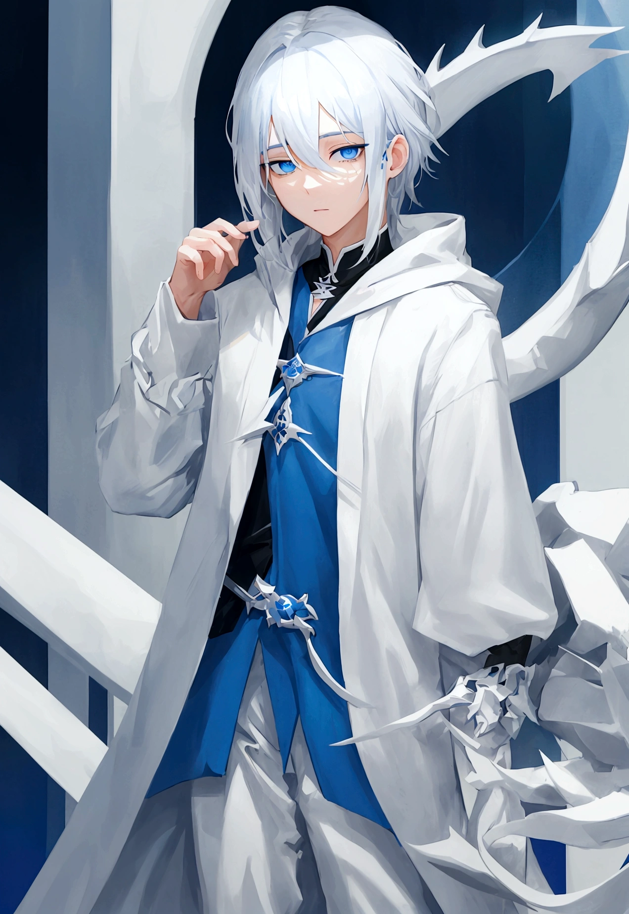 White hair, right eye blue, left eye blue iris, male, height 165cm, white shirt, blue hoodie, blue jeans, blue eyes white dragon in background