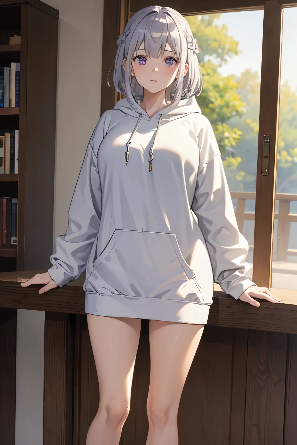 masterpiece, Highest quality, 1 person,( Large Breasts,Are standing, View your audience,),Detailed Background、A person who writes in detail、Accurate human body、Knowledgeable person、Accurate 5-finger,Mature Woman,Thighsが太い,Cruby Body,HAKUREN,GREY HAIR, SHORT HAIR, BRAID, PURPLE EYES,Long sleeve、Thighs、alone,wedding ring,((Oversized hoodie,)),pussy juice