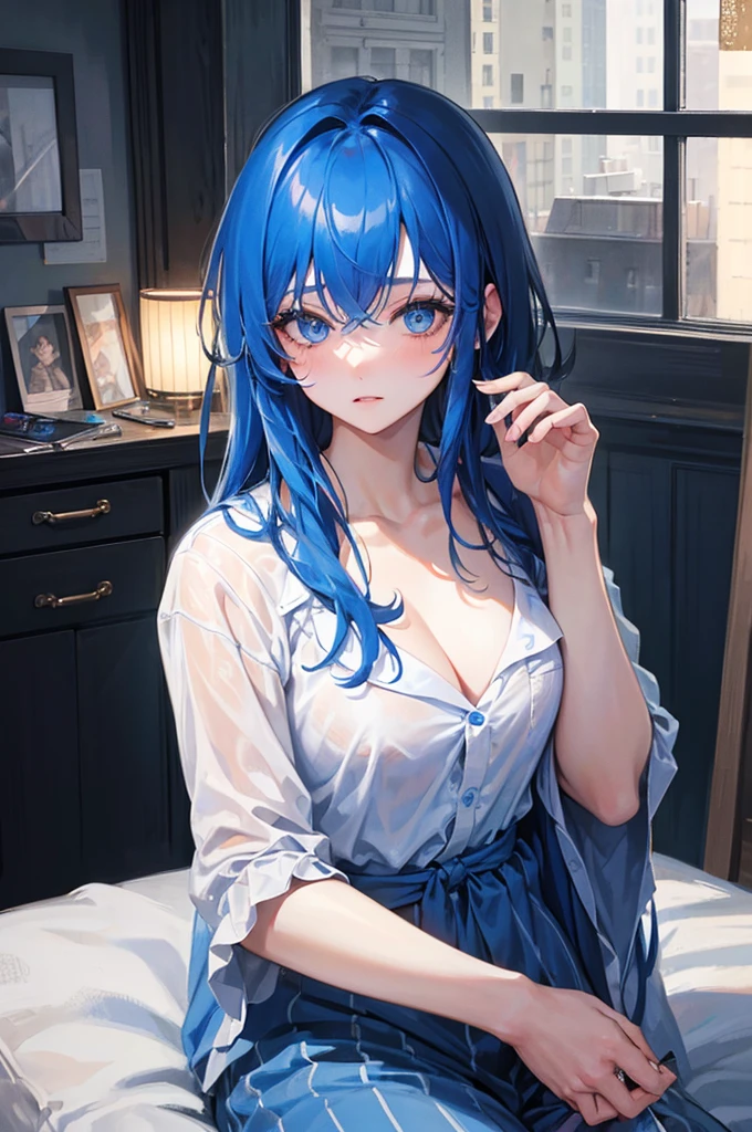 ８K, Highest quality, masterpiece, Ultra-detailed、messy hair、Messy Hair、Bright blue hair、full lips、Blue Eyes、１８Year-old beauty、Portrait、Bedroom、Waking up、Sleepy look、pajamas
 
