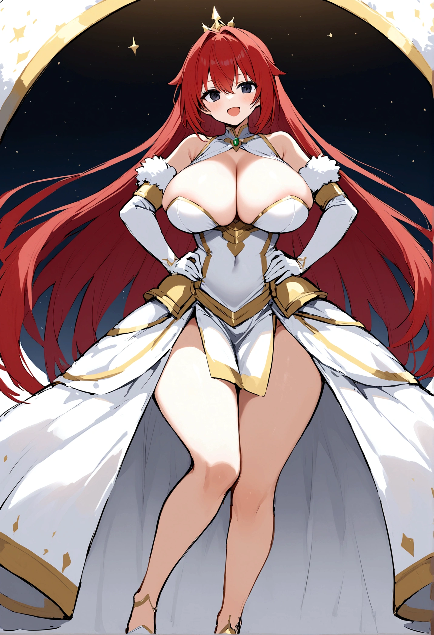 My name is Hikaru, I am a white test woman with long red hair and black eyes. I am 1.60cm tall and weigh 46kg. My breast sizes are 300 cm, my waist is 60 cm and my hips are 200 cm. Dressed in a low-cut gold and white princess dress with a fluffy skirt. With big breasts 300 cm