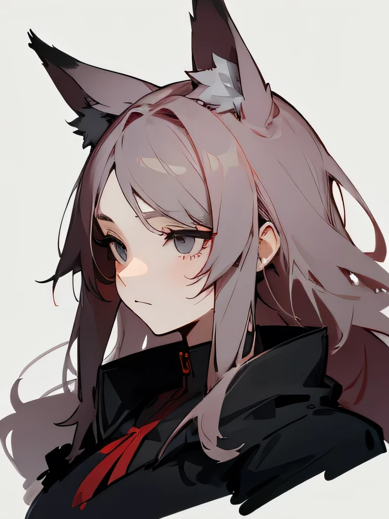 woman Messy red wavy tied long hair, stunning anime face portrait, looking to nothing, womanly, bland expressionless, black high detailed thin eyes, black eyes, grayard grey background, high detailed shadow, avoid human ears, big red fox ears