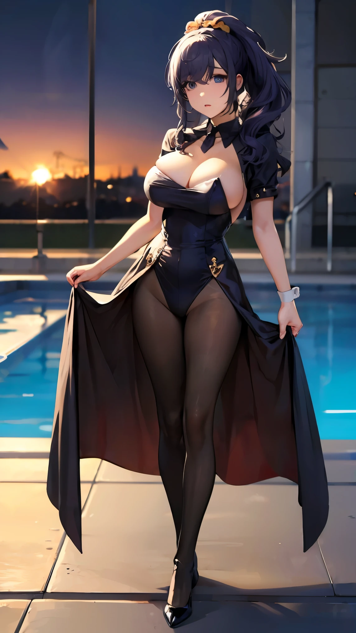 Best Quality, Masterpiece, Ultra High Resolution,(8k, RAW photo, highest quality, from below:1.2, masterpiece:1.2, genuineistic, ultra high resolution, photon mapping, genuine, Super detailed, 1 girl, solo, aholuoren, amsekai, purple eyes, blue eyes, high ponytail, hair scrunchie, black and lime green super sexy dealer bunny costume, night pool side, open leg no facial expression, huge breast, full body, facing camera, show more skin. show tongue