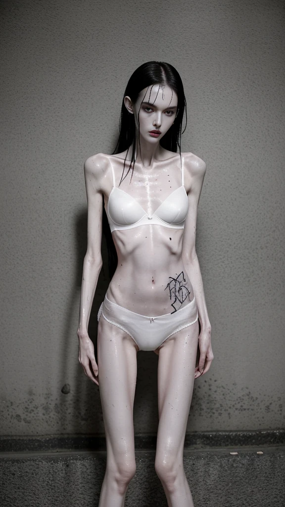 a woman, very thin body, body visible bones, very slender, sweaty wet body, pale white skin, panties, bra,tatto, full body, has a mental breakdown in an underground prison