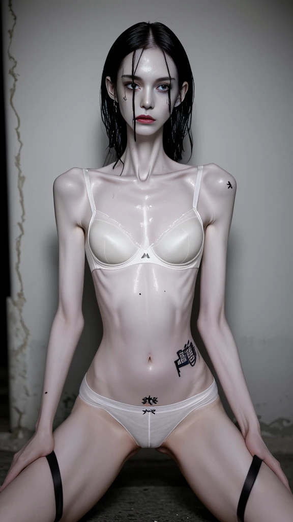 a woman, very thin body, body visible bones, very slender, sweaty wet body, pale white skin, panties, bra,tatto, full body, has a mental breakdown in an underground prison