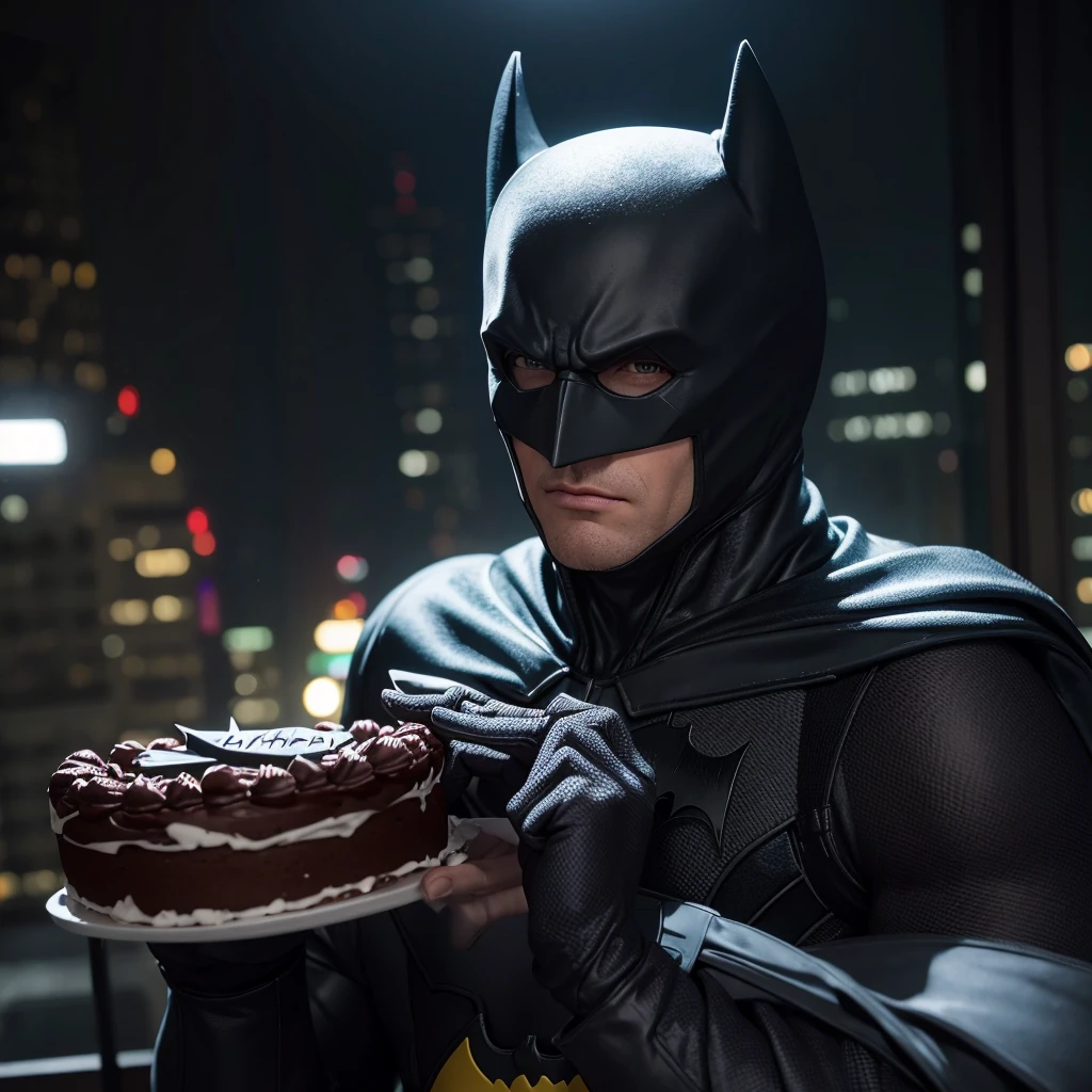 batman, holdong a birthday cake, 4k