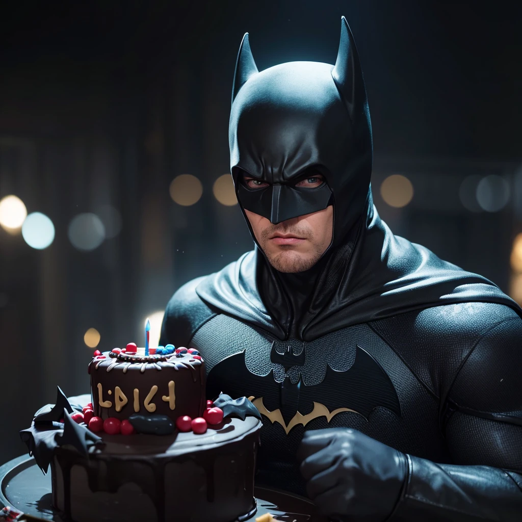 batman, holdong a birthday cake, 4k