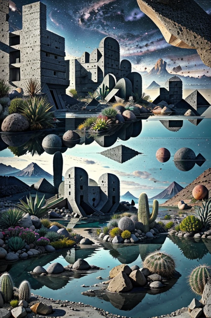 An illustration, collage style, David Hockney visual style, (((Luis Barragán's architectural style houses in middle of a lake))), big boulders, little cascade, mountains, volcanos, volcanic landscape, pool, stairs, beautiful gardens, abundant vegetation, cacti, agave, big clouds, sunset. Magazine cover, serif tipography, editorial design, masterpiece, An illustration in collage style, con rocas gigantes, Brutalist construction sections, escaleras, cactus, agave, textura de concreto, Multiple geometric shapes, hatch and cross hatching, planeta Saturno. ((masterpiece, best quality)),illustration,ultra detailed 8k. (((An illustration of a build designed by Luis Barragán))), with a desertic vegetation garden, (big rocks), ((cacti)), lake, volcano in horizon, smooth clouds, (((illustration collage format))), ((Escher's art style)), (((multiple sections))), (violet, blue, olive green, grey, black and white), hard shadows, (((geometric sculptures))), concrete sculptures, high contrast, dramatic, cinematographic, ((milky way galaxy)), intricate, intricate details, sharp focus,landscape