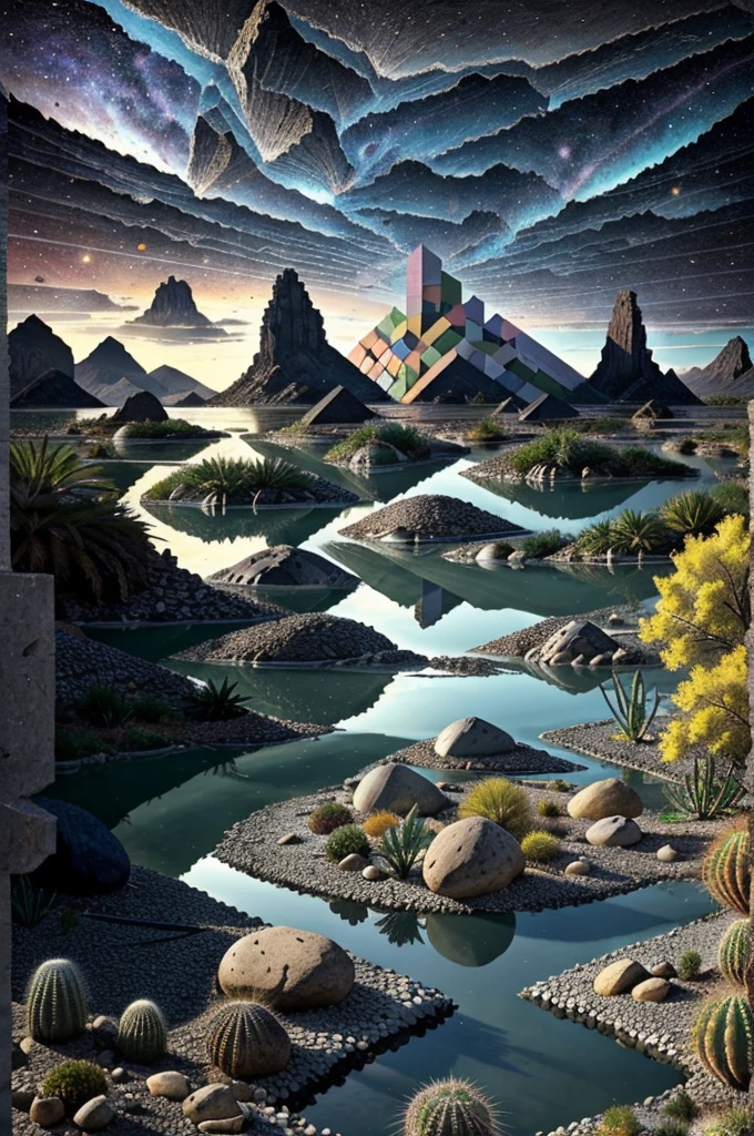 An illustration, collage style, David Hockney visual style, (((Luis Barragán's architectural style houses in middle of a lake))), big boulders, little cascade, mountains, volcanos, volcanic landscape, pool, stairs, beautiful gardens, abundant vegetation, cacti, agave, big clouds, sunset. Magazine cover, serif tipography, editorial design, masterpiece, An illustration in collage style, con rocas gigantes, Brutalist construction sections, escaleras, cactus, agave, textura de concreto, Multiple geometric shapes, hatch and cross hatching, planeta Saturno. ((masterpiece, best quality)),illustration,ultra detailed 8k. (((An illustration of a build designed by Luis Barragán))), with a desertic vegetation garden, (big rocks), ((cacti)), lake, volcano in horizon, smooth clouds, (((illustration collage format))), ((Escher's art style)), (((multiple sections))), (violet, blue, olive green, grey, black and white), hard shadows, (((geometric sculptures))), concrete sculptures, high contrast, dramatic, cinematographic, ((milky way galaxy)), intricate, intricate details, sharp focus,landscape