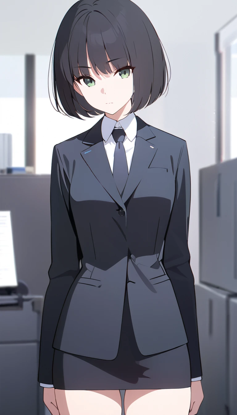 (masterpiece, high quality, best quality, highres,) One Woman, young, black hair, bob cut, Green Eyes, Athletic build, expressionless, closed mouth, office staff suit, Simple white background, standing, cowboy shot, (from the front)