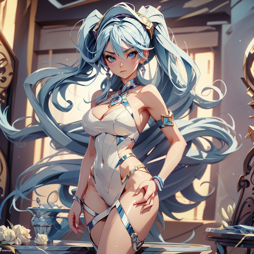 1 adult anime girl with silver and blue hair with long, detailed hair, and 1 elegant and subtle tattoo, with feminine action, and a white top, posing for a super sexy and provocative photo. A detailed portrait, with piercing light blue eyes, smooth and smooth skin, seductive, attractive and athletic female anime character, cg art, 4k anime style, realistic anime art style.