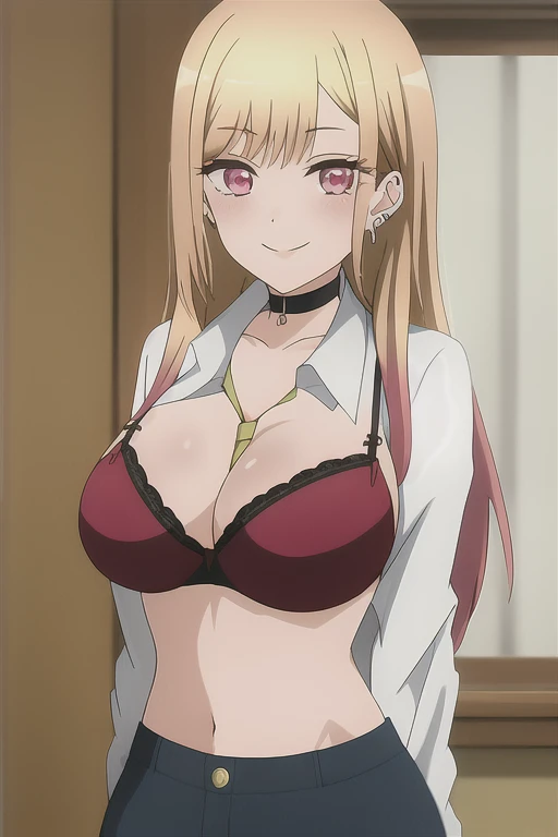 marin, 1girl, solo, long_hair, looking_at_viewer, smile, bangs, blonde_hair, red_eyes, jewelry, closed_mouth, collarbone, upper_body, multicolored_hair, earrings, necktie, collared_shirt, indoors, pink_eyes, eyelashes, makeup, black_choker, parody, anime_coloring, big_tits, big_ass, red_, red 