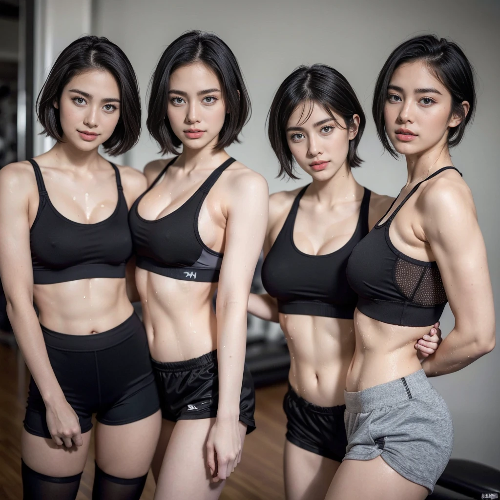 (clone,duplicate,cloned face, identical face:1.4), Two Japan women at the age of 25、Transcendent beauty, hot, sexy, cozy, love, (clone, identical twins:1.2), sexually aroused face, cute, seductive smile,(hug:1.2), (sweat:1.7), (2girls:1.4), in gym, (clone, identical twins:1.6), (wearing gym clothes), (fitness gym:1.2), best quality, masterpiece, ultra high res, 8k,realistic, clone,short hair, black hair, bob cut, nsfw,Highly detailed CG Unity 8k wallpaper, of the highest quality, mastepiece, Realistic, photographrealistic, Highly detailed beautiful woman, ,((Muscle training))、 squatt, (((Thin sportswear)))、cute face、(black hair, forehead, short hair, Straight Hair, middle parted hairstyle,Pixie Cut)、Inside the gym、(huge-breasted:1.5)、Blushing、plump big breasts, You can see the shape of the nipple through the clothes、Structure of pectoralis major muscle、abdominals、roundly eyes、(Lewd sportswear ,Wearing black short pants, black sports bra:1.6)、gym、(Breast squeeze,nsfw:1.4) (clone, identical twins:1.8),super model,breast press, hug,black hair,(smile),all girls have same face, (gym)