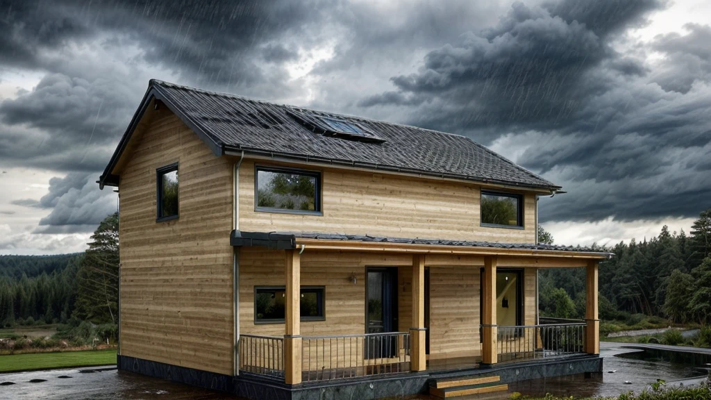 Modern style, wide viewing angle, cloudy and rainy sky, house in the forest with stream. Light yellow stone walls, brown tiled roof, blue glass windows, black door frames