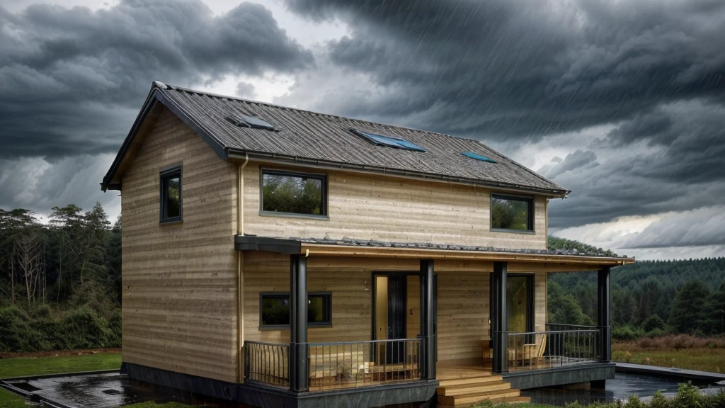 Modern style, wide viewing angle, cloudy and rainy sky, house in the forest with stream. Light yellow stone walls, brown tiled roof, blue glass windows, black door frames