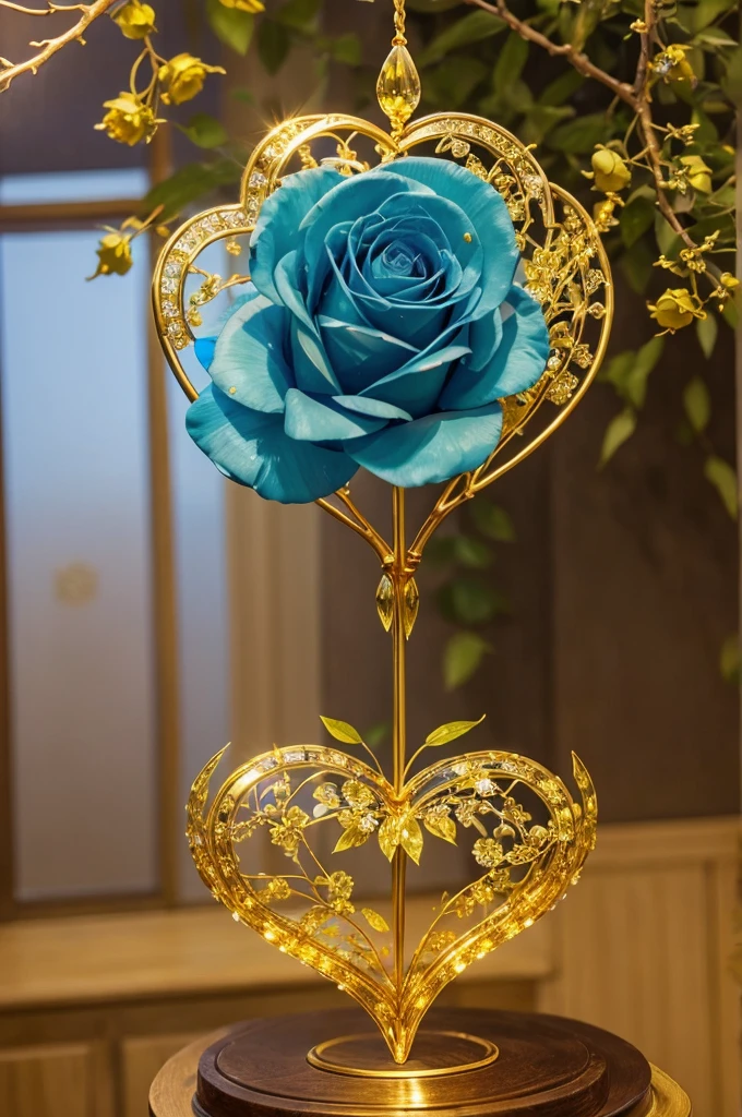 Stunning photography of Golden and blue combination big rose on a with cryestal effect on a branch with showpiece look there are some cryestal heart shape
