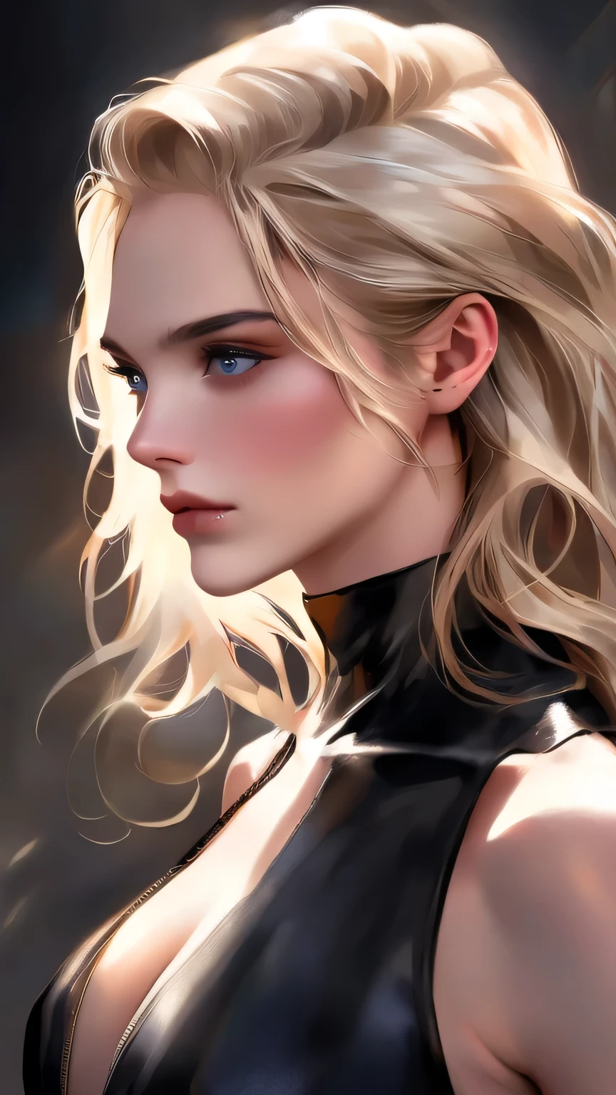 (8K, RAW Photos, 最high quality, masterpiece), 超High resolution, (Realistic, photo-Realistic), 1 Girl, emotionless, alone, Blonde long wavy hair, black eye, Professional Lighting, Detailed lighting, Backlight, Written boundary depth, Natural light, Sharp focus, Professional photography, Beautiful Eyes, Realistic eyes, Detailed Shadows, CG games, Cosplay, (Black leotard with white lines), Leotard with arm rings、exterior, Crown, masterpiece, 最high quality, high quality, High resolution、((Upper body portrait)))、Click here for the gaze、sexy、Big Tits