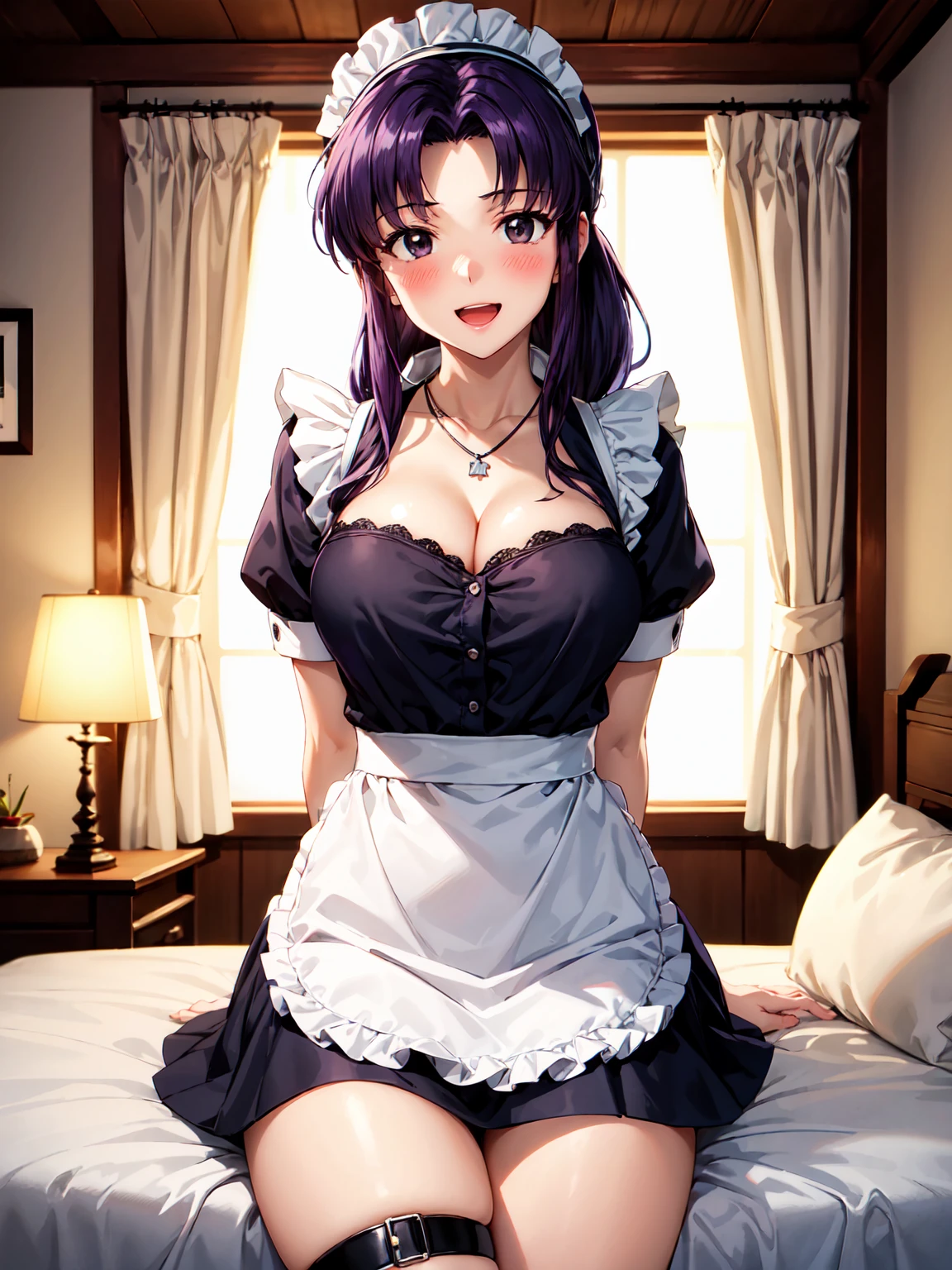 Masterpiece ,best quality , high resolution , ultra detail , colorful , soft light , mild light , sunlight , shinny , (perfect fingers , Detailed fingers, perfect hands) , (1 girl solo:1.38) , (Misato katsuragi) , (black eyes, ponytail , purple hair, medium_long_hair, make up, necklace, tall, slim body,) , (narrow waistline , wear maid apron , maid miniskirt , maid headband , thigh strap, head tilt) , (arms behind back . hands behind back) , (cleavage:1.15) , (big breast:1.13) , (indoor , in bedroom , bed , windows , lamp) , (sitting on sofa) , ( full face blush , shy , smile , open mouth) , (face viewer , look at the viewer)