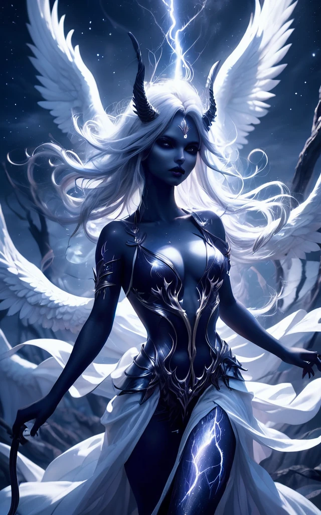 Full body shot, Demoness, busty, ((highest quality)),(ultra high resolution),(Super detailed),(detailed description),((best CG)),(best work of art),super precision art,amazing drawing art,(Fantasy art with intricate detail:1.5), A spear of light that pierces heaven and earth,Lightning emanating from the aurora cuts through the night sky,Angels blowing the trumpets of the end