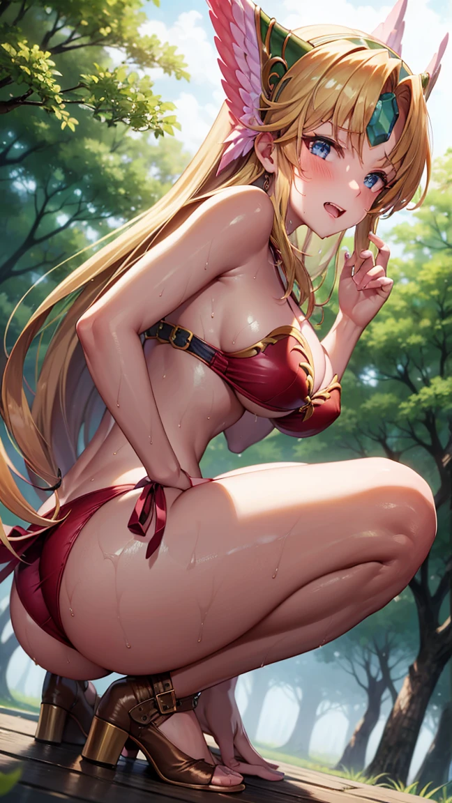 bikini、One girl,lease, sweating,blush,Cleavage,Wet body, Back to viewers,((From behind)),((From below)),teeth,sweating,vapor,((Side Squat)),teeth focus,((hands on teeth)),Five Fingers,in the forest,Side waist,thigh,ふくらteethぎ