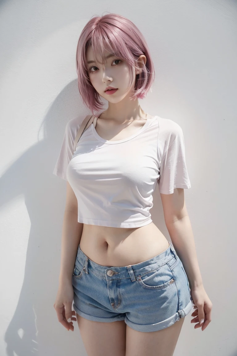 21yo girl, pink hair (bob hair) , wearing white t-shirt, natural medium breast, show sexy thigh, plump hip, slender body, standing pose, white baground