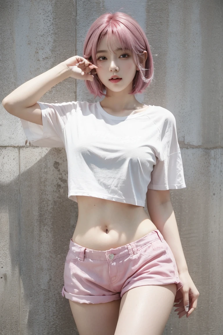 21yo girl, pink hair (bob hair) , wearing white t-shirt, natural medium breast, show sexy thigh, plump hip, slender body, standing pose, white baground