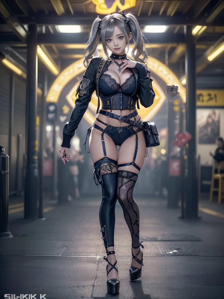 (Crouch:1.3)、(Full Body View:1.0)、(Look over your shoulder:1.3)、(Show off your beautiful ass:1.4)、(Smiling with teeth showing:1.3),(Shibuya Gal:1.5)、(Dark fantasy world:1.4)、(Neo-Goth Fashion:1.5)、(Punk RockVisual Kei:1.3)、(Futuristic black, navy and yellow bodysuit:1.5)、(A delicate denim and yellow cardigan:1.5)、(Gorgeous decorated corset:1.4)、(Red Garter Belt:1.5)、(Denim, yellow and navy cargo pants:1.3)、(Heart-shaped silver accessories:1.5)、(Brown Skin Belt:1.4)、(Blue High Heels:1.4)、(Lace underwear:1.4)、20-year-old、Browsing Caution,((Highest quality、In 8K、masterpiece:1.3))、Sharp focus:1.2、(Layered Cut、Huge breasts:1.1),Beautiful woman with perfect figure:1.4、(Dance vigorously:1.3)、Slim Abs:1.2、Butt、Highly detailed face and skin texture、Fine grain、double eyelid,(Twin tails:1.3)、(Brownish golden hair:1.3)、Obscene、Idol Sculpture、(The background is a cityscape of a fantasy world:1.3)、(Slimming your legs:1.4)、(The body is slim:1.3)、(clavicle:1.1)