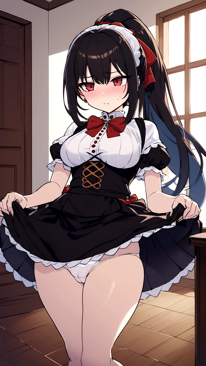 adult, wavy black hair, piercing look with deep red eyes, average stature, Silky hair with a ponytail hairstyle collected with a red bow with two white lines, she has medium breasts, foreground, session, standing in the middle of his room [[[Evil laugh]]] , blushing, big thighs, black skirt, A white blouse, NSFW, white underwear, lifting her skirt to show her panties to the camera, lifting her skirt to show her panties, grabbing the skirt with both hands to lift it up, showing panties, white underwear, raised skirt 