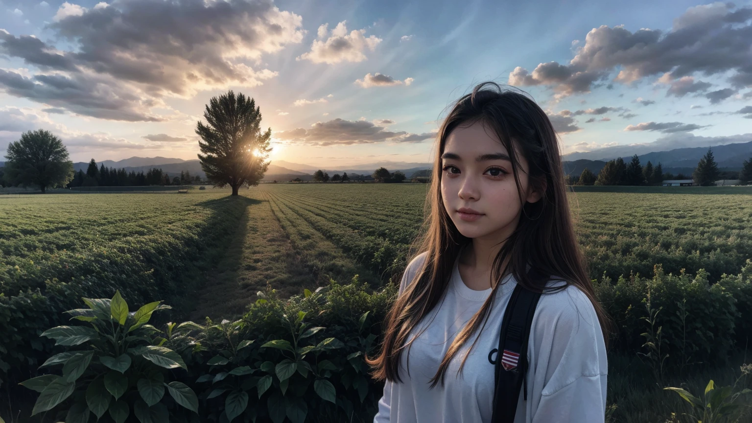 portrait, young woman, Field, sunset