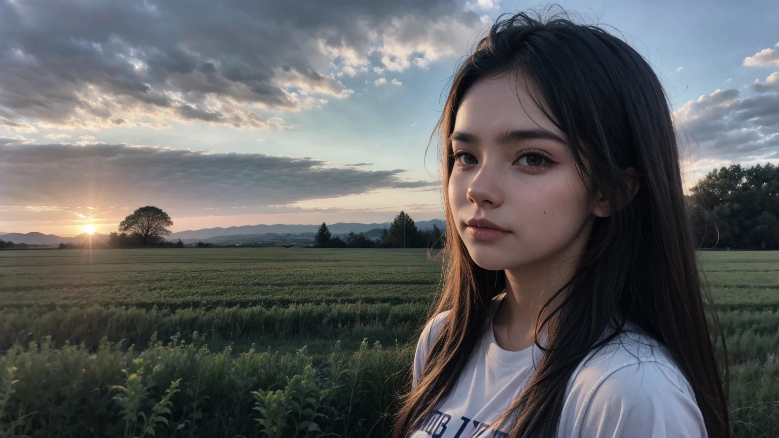 portrait, young woman, Field, sunset