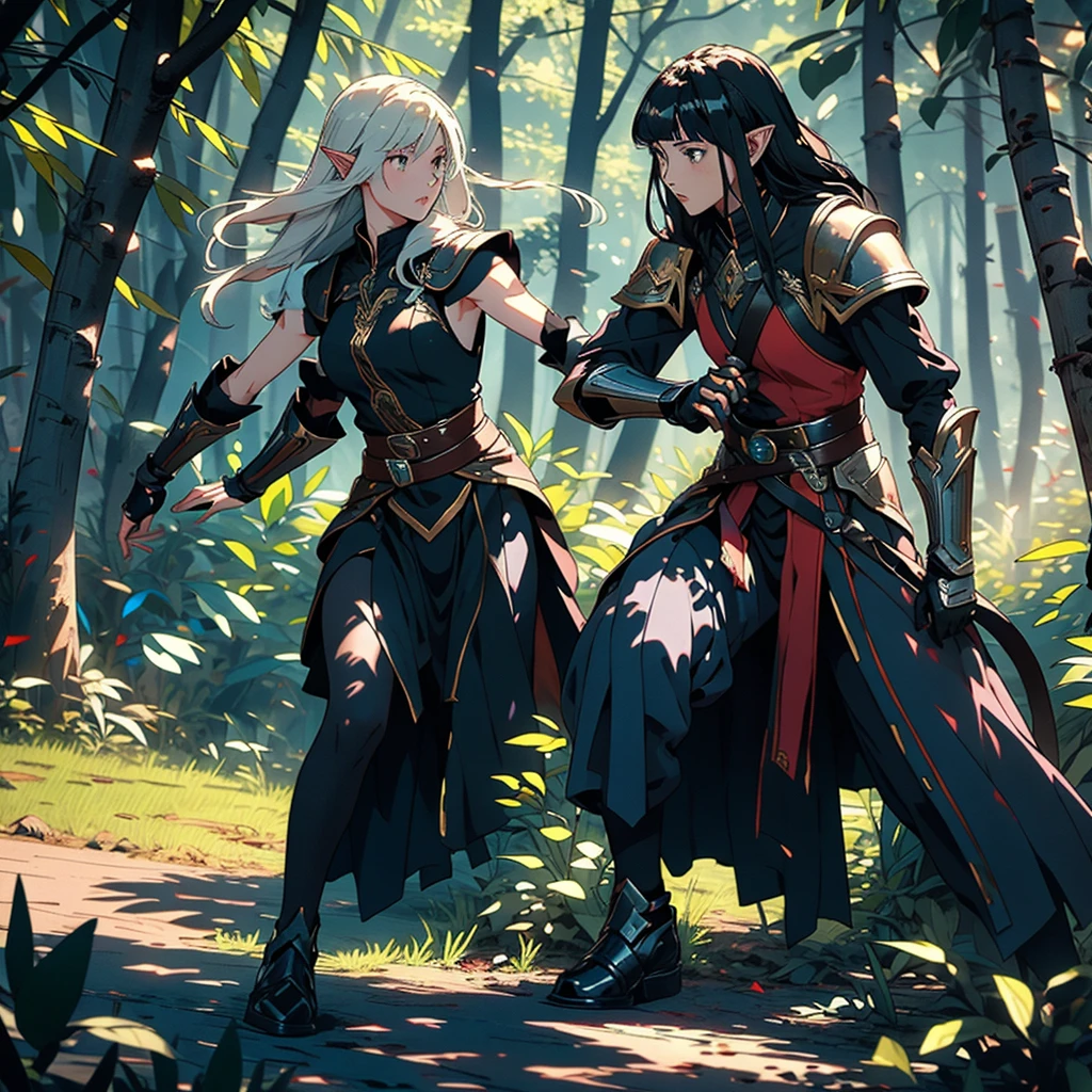 Anime style, long shot of Elven assassins training in the background.
Characters: Elven assassins with graceful, athletic builds.
Outfits: Sleek, dark armor that blends with the forest environment.
Action: They are practicing various combat techniques.
