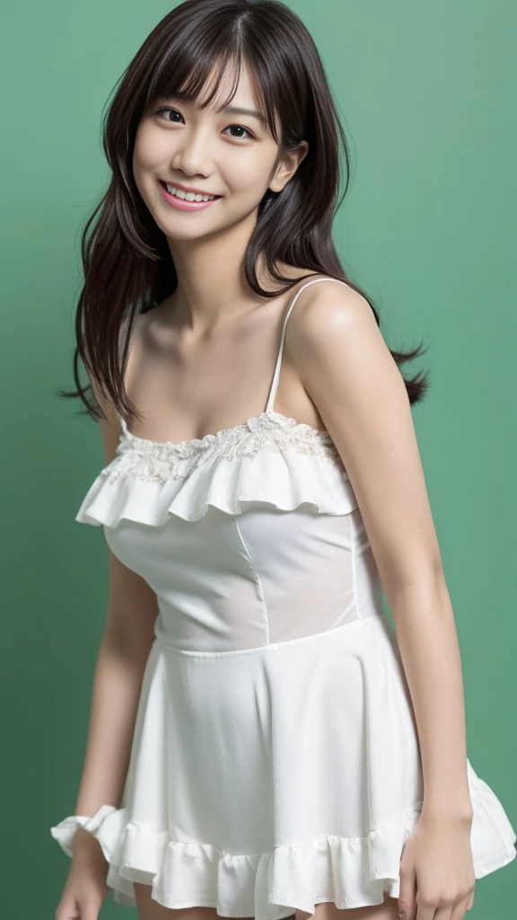 ((1 girl)), Very beautiful Japanese idol portraits, (RAW Photos, Highest quality), (Realistic, Realistic:1.4), (masterpiece), Very delicate and beautiful, Very detailed, 2k wallpaper, wonderful, finely, Very detailed CG Unity 8K 壁紙, Very detailed, High resolution, Soft Light, Beautiful detailed girl, Very detailed目と顔, Beautiful and detailed nose, finelyて美しい目, Cinema Lighting, (Simple light color background:1.3), (Long Hair), (Parted bangs), Complete Anatomy, Slender body, Small breasts, smile, ((Full body shot)), ((banker)), (White chemise),(Panty lines),Sexy pose,Vibrant,((secretary)),Slender,Long legs,(White long slip skirt),(race),