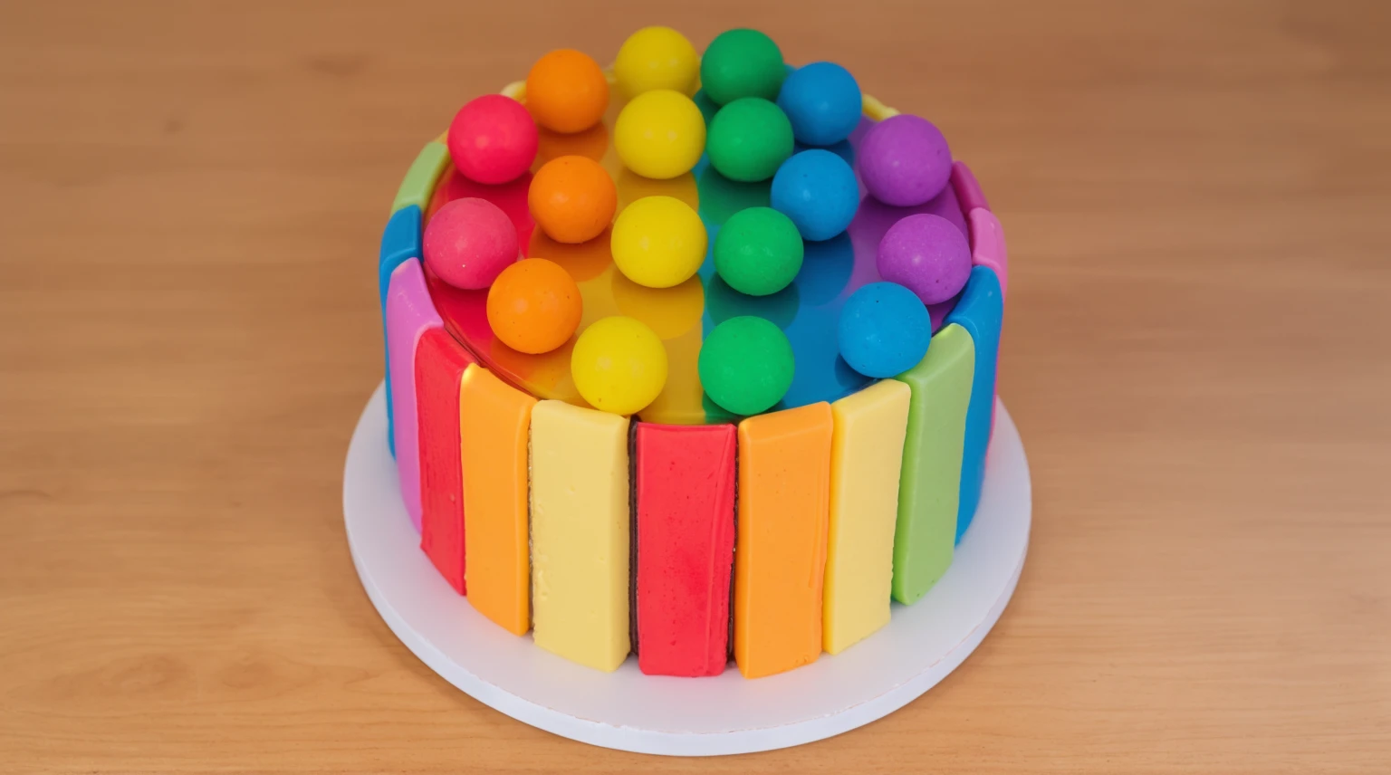 on a wooden table, on a white porcelain plate, a tiny cake, the walls of the cake are made of multi-colored chocolate bars, on top are multi-colored cream stripes, multi-colored candies in the form of balls bright lights, soft light, window light, professional lighting, light from the window, neat light, realistic texture, realistic style, detailed texture, high quality, high resolution, high quality rendering, realistic photo, brightning light, macro photo
