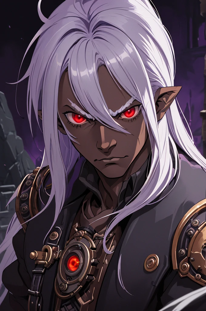 ((best quality)), ((masterpiece)), (detailed), ((boy)), ((mix between dungeonpunk and steampunk)), (serious), dark skinned, human, upper body, portrait, red eyes, long white hair, Xemnas from Kingdom Hearts, half-drow, pointy ears, serious face, dramatic lighting, purple hue, art by Kinema Citrus and Tetsuya Nomura