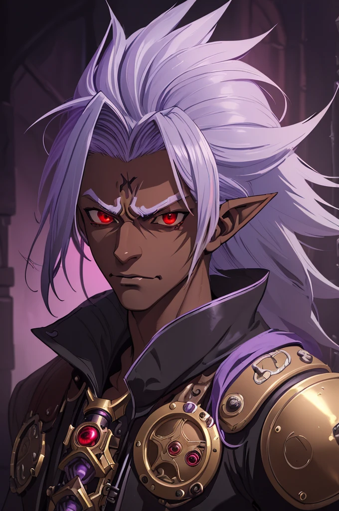 ((best quality)), ((masterpiece)), (detailed), ((boy)), ((mix between dungeonpunk and steampunk)), (serious), dark skinned, human, upper body, portrait, red eyes, long white hair, Xemnas from Kingdom Hearts, half-drow, pointy ears, serious face, dramatic lighting, purple hue, art by Kinema Citrus and Tetsuya Nomura