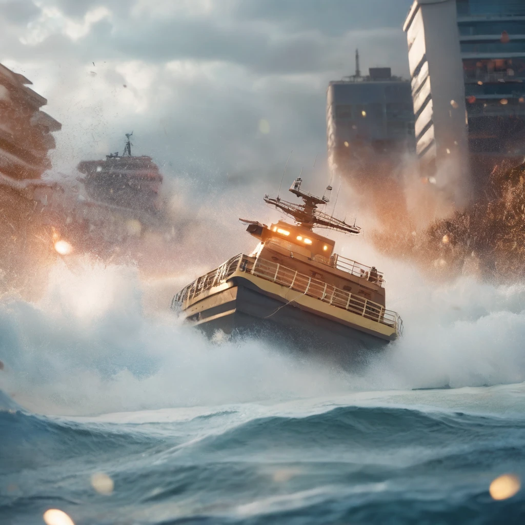 cinematic film still Best Quality,realistic,Tsunami floods city,Female soldiers wearing mechas fly in the air,Cruise ship washed into city by tsunami,. shallow depth of field, vignette, highly detailed, high budget, bokeh, cinemascope, moody, epic, gorgeous, film grain, grainy