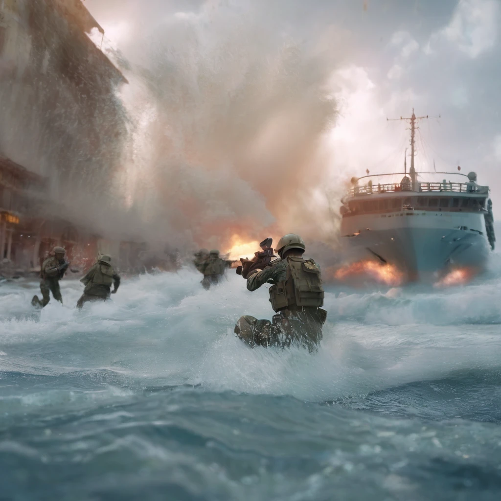 cinematic film still Best Quality,realistic,Tsunami floods city,Female soldiers wearing mechas fly in the air,Cruise ship washed into city by tsunami,. shallow depth of field, vignette, highly detailed, high budget, bokeh, cinemascope, moody, epic, gorgeous, film grain, grainy