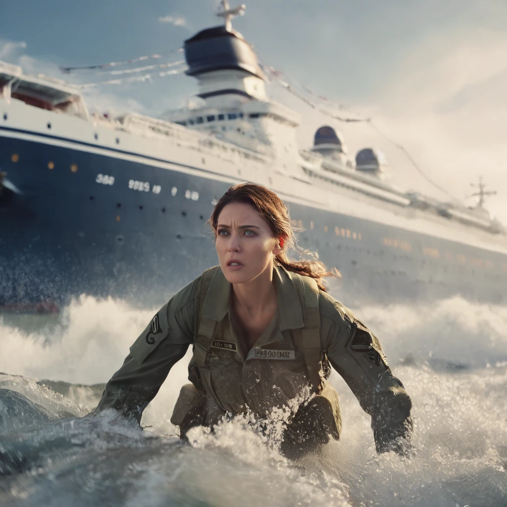 cinematic film still Best Quality,realistic,Tsunami floods city,Female soldiers wearing mechas fly in the air,Cruise ship washed into city by tsunami,. shallow depth of field, vignette, highly detailed, high budget, bokeh, cinemascope, moody, epic, gorgeous, film grain, grainy