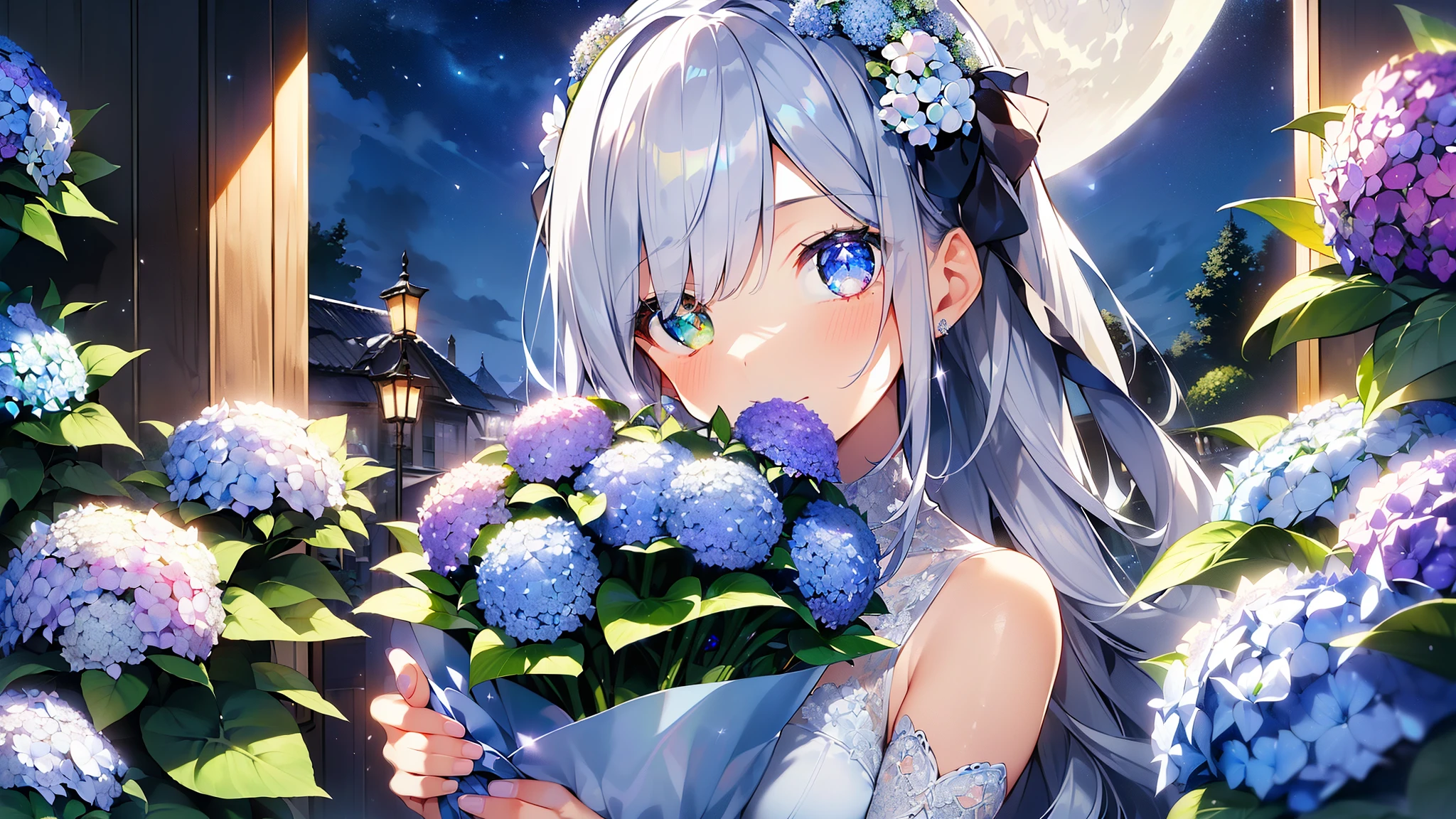 Best quality、Photorealistic、Ultra-detailed、delicate、Orderly、High Detail、Bluish Silver Short Bob、(Drooping heterochromia iris,glowing eyes、Sparkling Eyes:1.3)、slender、(One girl:1.2)、(moon、night、Night Sky、Dark Night、Glowing Hydrangea、Mysterious Light、A girl holding a bouquet of hydrangeas:1.3)、