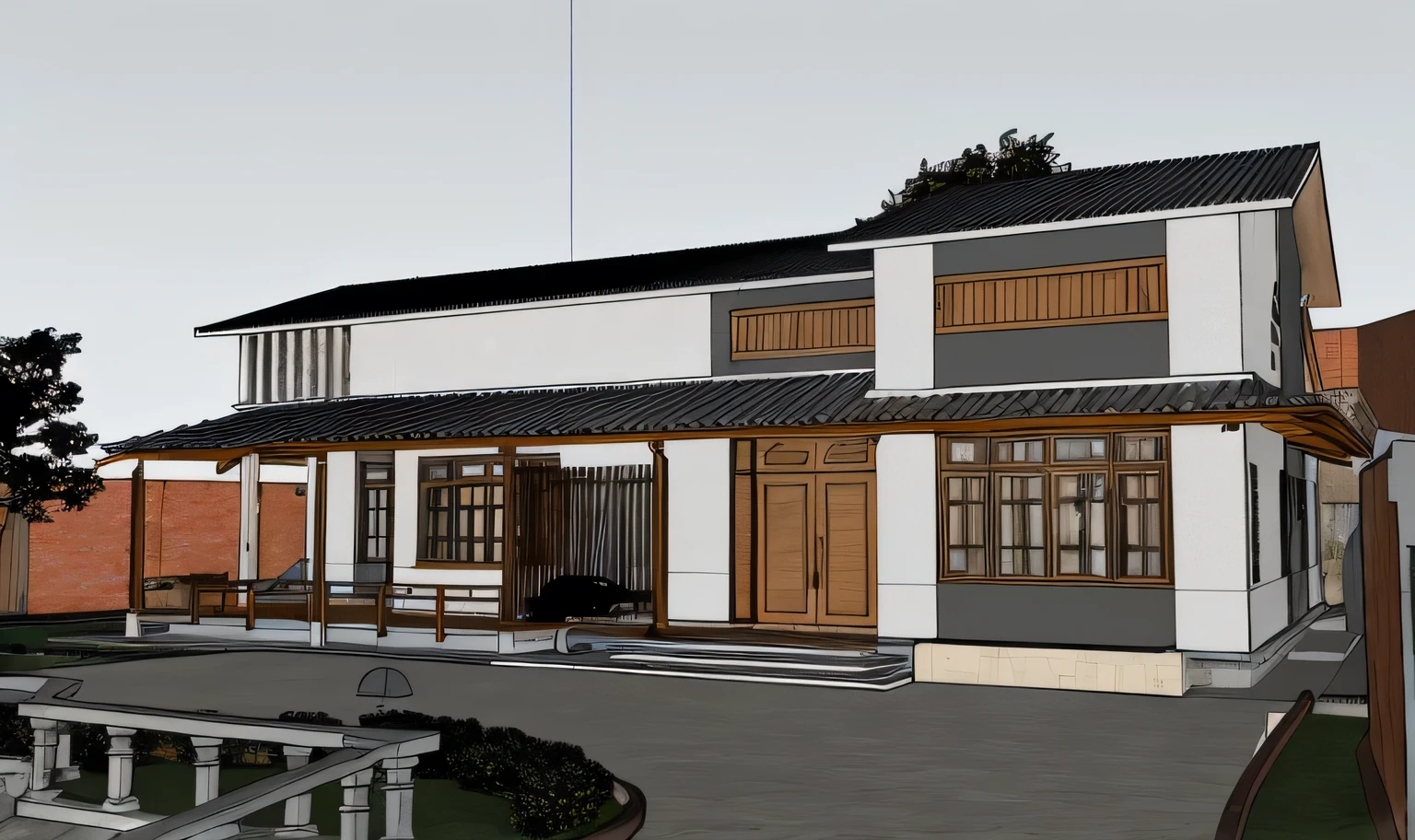Bauhaus style house, glass house with a sloping roof, modern, vibrant (Photo brute, real, best quality, head of'artwork:1.2), (hyper realistic, photo-realistic:1.2), High quality, (dark lighting:1.2), perfect lighting, archquotidiennement