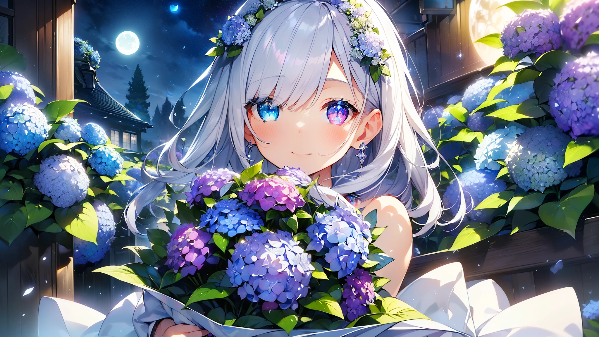 Best quality、Photorealistic、Ultra-detailed、delicate、Orderly、High Detail、Bluish Silver Short Bob、(Drooping heterochromia iris,glowing eyes、Sparkling Eyes:1.3)、slender、(One girl:1.2)、(moon、night、Night Sky、Dark Night、Glowing Hydrangea、Mysterious Light、A girl holding a bouquet of hydrangeas:1.3)、