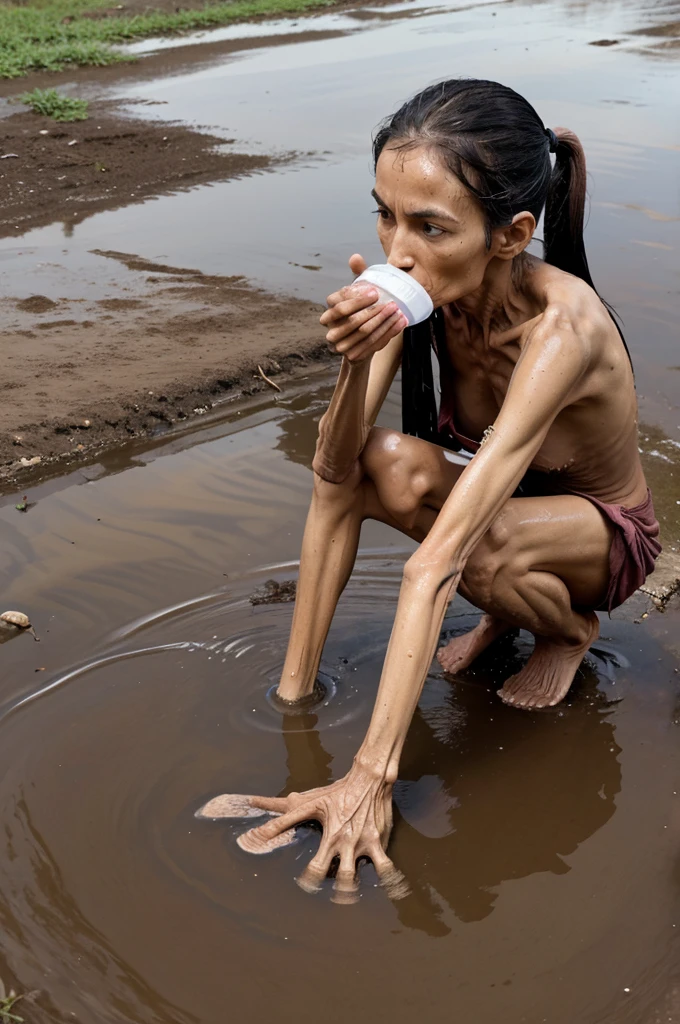image depicts an extremely emaciated person drinking water from a small puddle or water source on a roadside. This image highlights severe malnutrition and possibly dehydration.