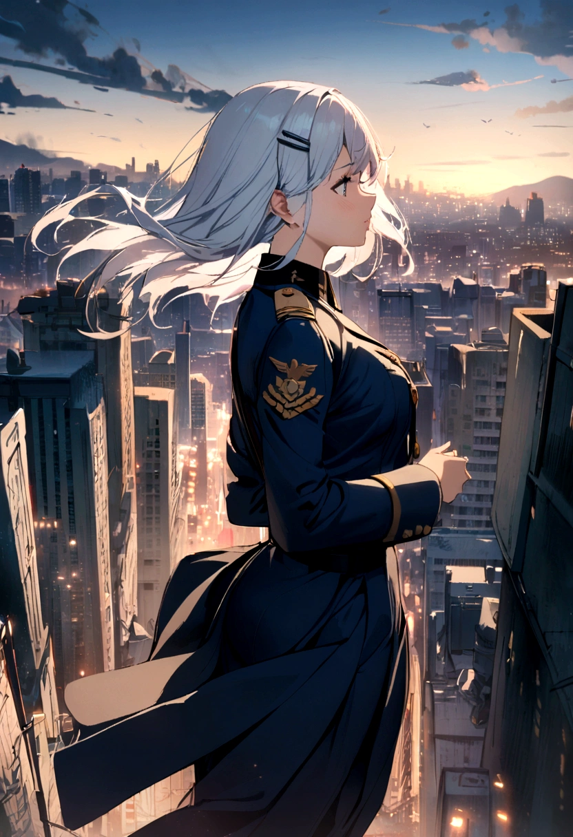 1girl, navy blue military uniform, white hair, hairclip, city background,